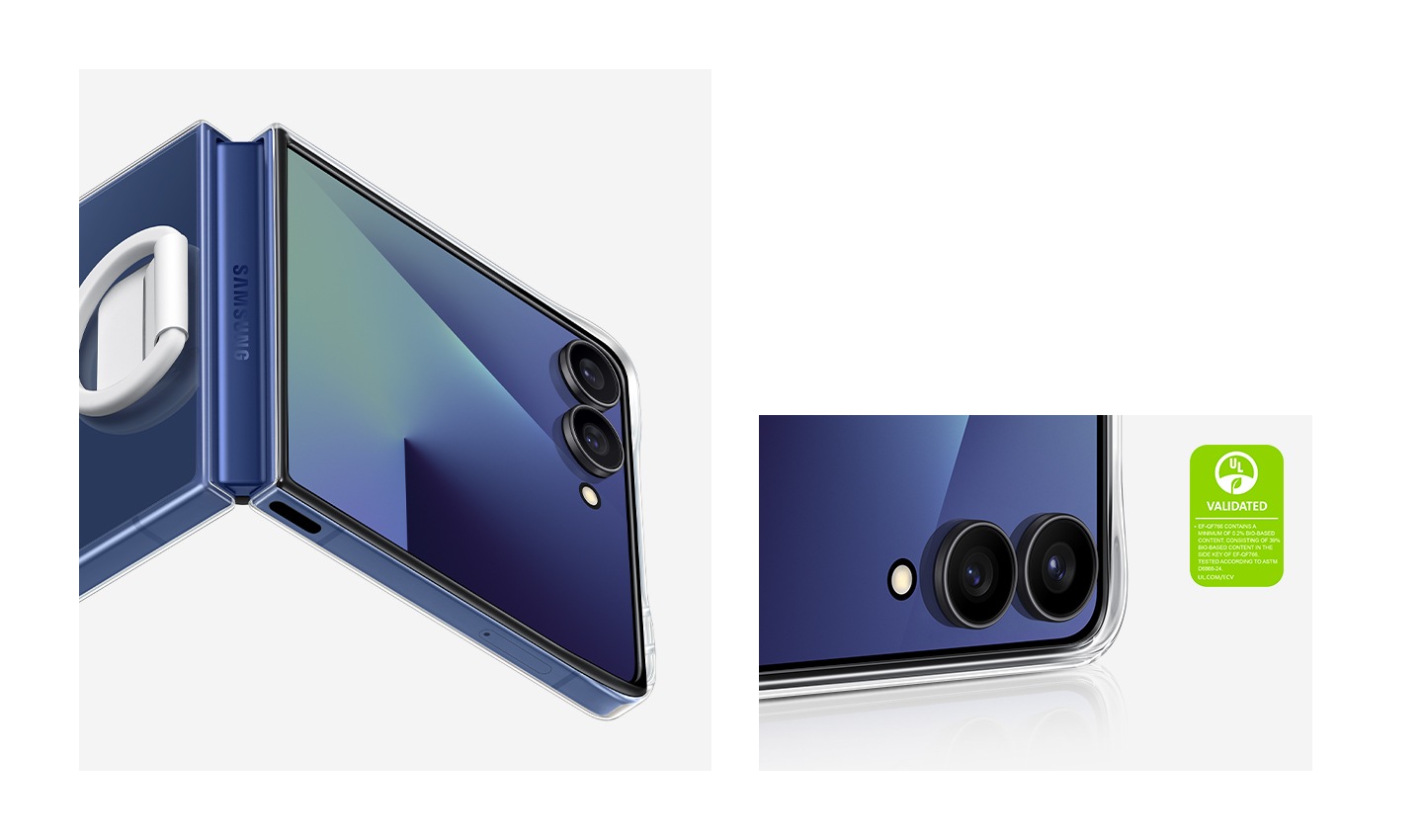 A Galaxy Z Flip7 device in the Ring Case (Clear) is slightly open and propped at an angle, with the FlexWindow turned on. A close-up of the camera shows the raised edge design that gives your camera extra protection. The text reads UL VALIDATED EF-QF766 CONTAINS A MINIMUM OF 0.2% BIO-BASED CONTENT, CONSISTING OF 39% BIO-BASED CONTENT IN THE SIDE KEY OF EF-QF766, TESTED ACCORDING TO ASTM D6866-24. UL.COM/ECV
