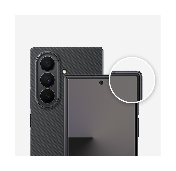 Close-up view of two Galaxy Z Fold7 are shown, one showing the front and one displaying the rear, with the Carbon Shield Case in Black and front screen with the Anti-reflecting Film. A magnified inset highlights the slim edge and screen protector fit.