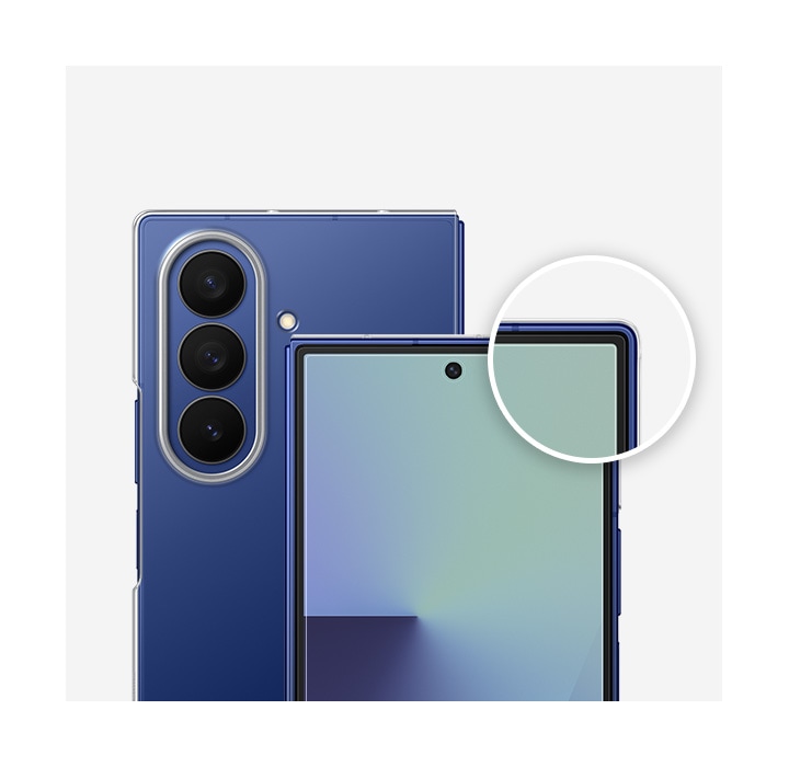 Close-up view of two Galaxy Z Fold7 are shown, one showing the front and one displaying the rear, with the Clear Case and front screen with the Anti-reflecting Film. A magnified inset highlights the slim edge and screen protector fit.