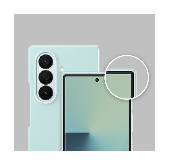 Close-up view of two Galaxy Z Fold7 are shown, one showing the front and one displaying the rear, with the Silicone Case in Mint and front screen with the Anti-reflecting Film. A magnified inset highlights the slim edge and screen protector fit.