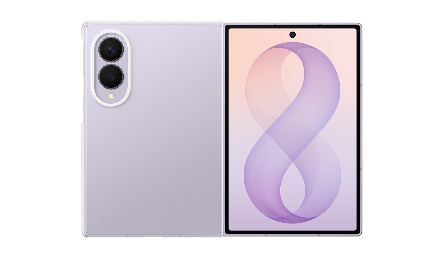 Rear-facing view of an unfolded Lavender Galaxy Z Fold8 in a Clear Case.