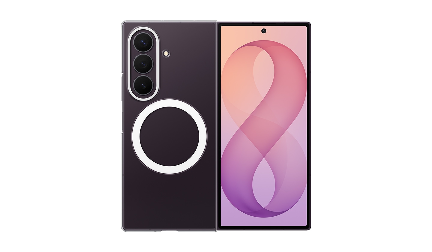 Rear-facing view of an unfolded Graphite Galaxy Z Fold8 Ultra in a Clear Magnet Case.