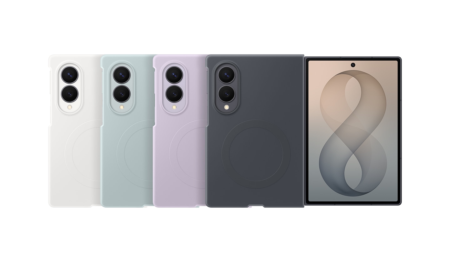 Five Galaxy Z Fold8 are shown. Rear-facing view of four folded Galaxy Z Fold8 are arranged with the Silicone Magnet Case installed in Cream, Pistachio, Lavender and Graphite. One front-facing view of a folded Galaxy Z Fold8 is also shown.