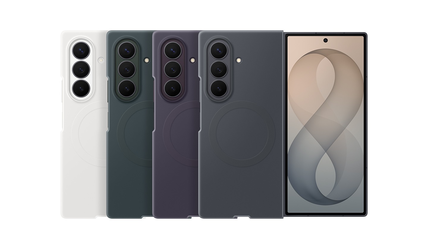 Five Galaxy Z Fold8 Ultra are shown. Rear-facing view of four folded Galaxy Z Fold8 Ultra are arranged with the Silicone Magnet Case installed in Cream, Green Shadow, Violet Shadow and Graphite. One front-facing view of a folded Galaxy Z Fold8 Ultra is also shown.