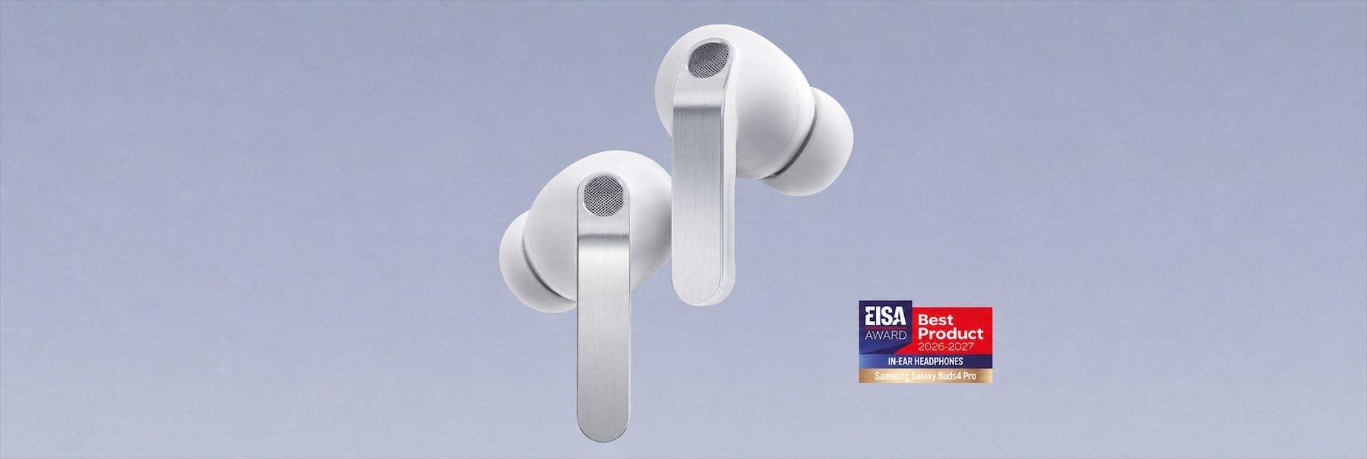 A pair of white Galaxy Buds4 Pro hover with the left earbud slightly lower than the right.