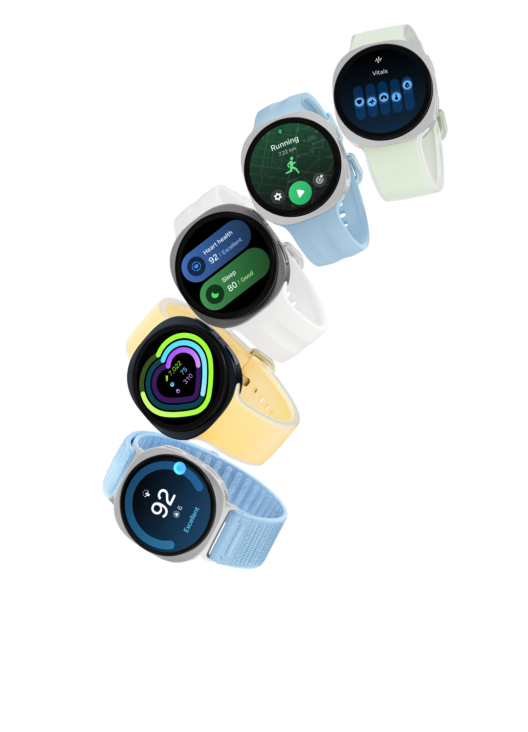 Galaxy Watch9 4.4 cm model in Graphite with a Fabric Band in Blue, Galaxy Watch9 4.4 cm model in Graphite with a Misty Band in Yellow, Galaxy Watch9 4.4 cm model in Silver with a Sport Band in Cream, Galaxy Watch9 4.0 cm model in Cream with a Sport Band in Blue and Galaxy Watch9 4.0 cm model in Cream with a Misty Band in Green are lined up to showcase the light, comfortable and versatile design of the watch and compatible bands.
