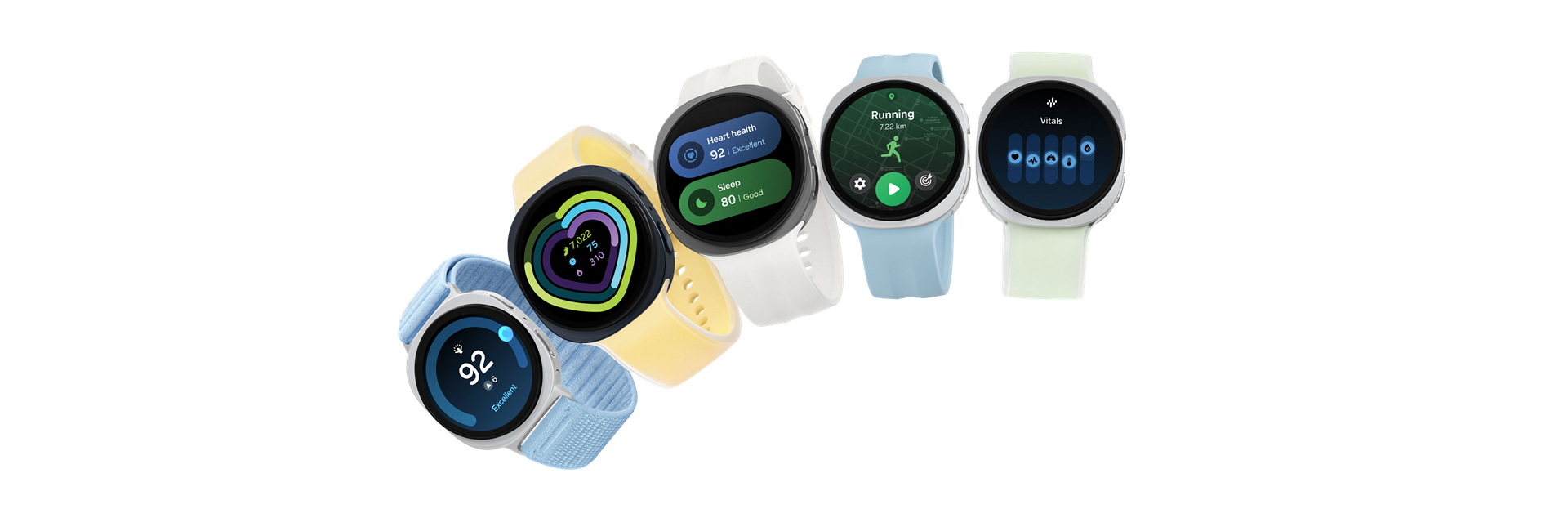 Galaxy Watch9 4.4 cm model in Graphite with a Fabric Band in Blue, Galaxy Watch9 4.4 cm model in Graphite with a Misty Band in Yellow, Galaxy Watch9 4.4 cm model in Silver with a Sport Band in Cream, Galaxy Watch9 4.0 cm model in Cream with a Sport Band in Blue and Galaxy Watch9 4.0 cm model in Cream with a Misty Band in Green are lined up to showcase the light, comfortable and versatile design of the watch and compatible bands.