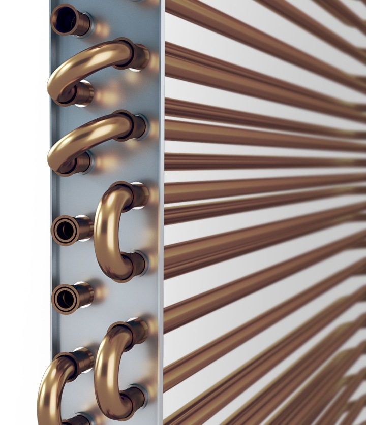 A close-up of the durable copper tube and anti-corrosion coated Copper Condenser condenser.