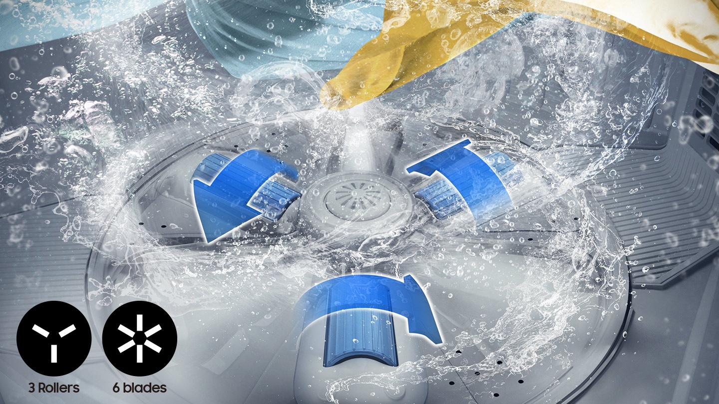 The Hexa Storm Pulsator at the bottom of Samsung 11.5 Kg Semi-Automatic Washing Machine (Blue Lid, WT11A4600LL) creates a powerful current while washing. It consists of six blades with three rollers.