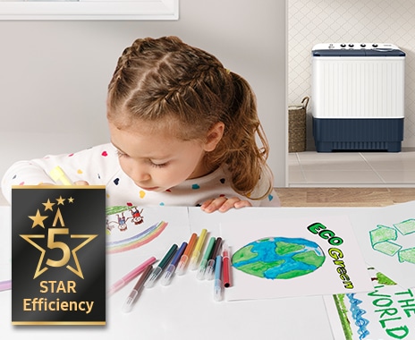 A child is drawing an image related to energy saving, and the WT4000AM product stands behind her. The 5-star efficiency logo is on the side.