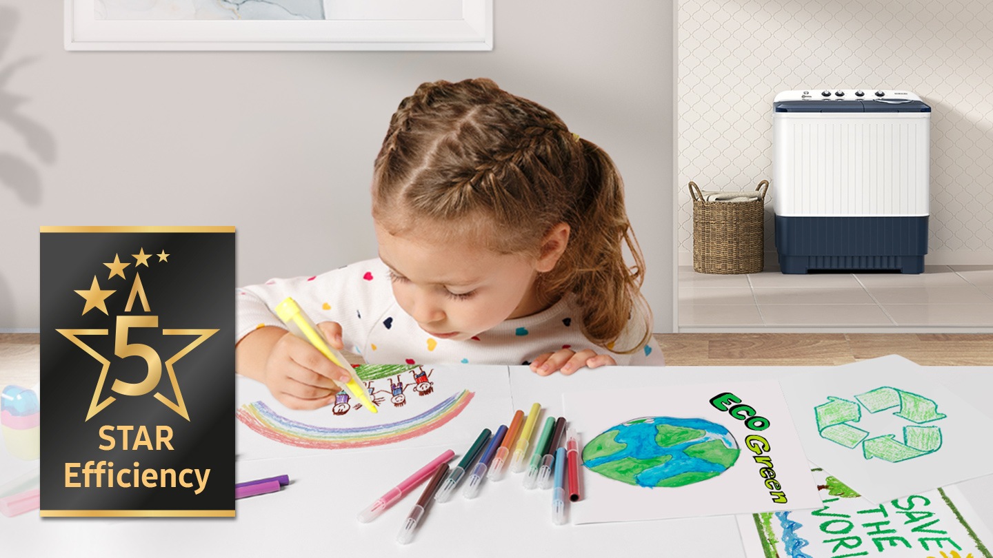 A child is drawing an image related to energy saving, and the Samsung 11.5 Kg Semi-Automatic Washing Machine (Blue Lid, WT11A4600LL) product stands behind her. The 5-star efficiency logo is on the side.