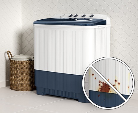 Samsung 11.5 Kg Semi-Automatic Washing Machine (Blue Lid, WT11A4600LL) is installed in the laundry room cleanly without rust.