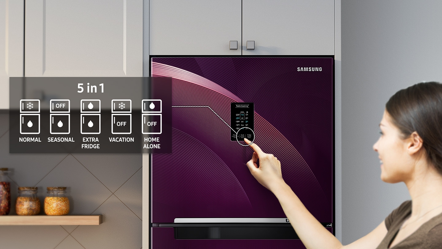 The Normal, Seasonal, Extra fridge, Vacation, and Home Alone modes are available with a touch of a button on the door.