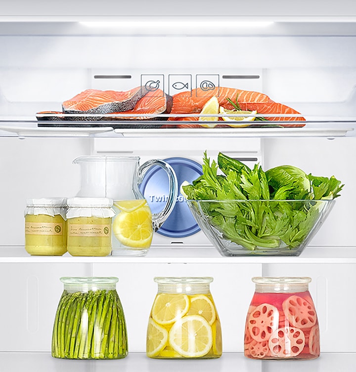 Inside RT5000K fridge, LED lighting illuminates the food.