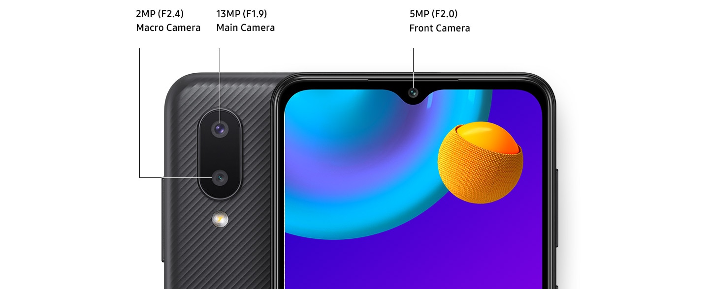 Details of multi camera of Galaxy M02. 13MP(F1.9) Main Camera, 2MP(F2.4) Macro Camera on the rear side, and 5MP(F2.0) Front Camera on the front side.