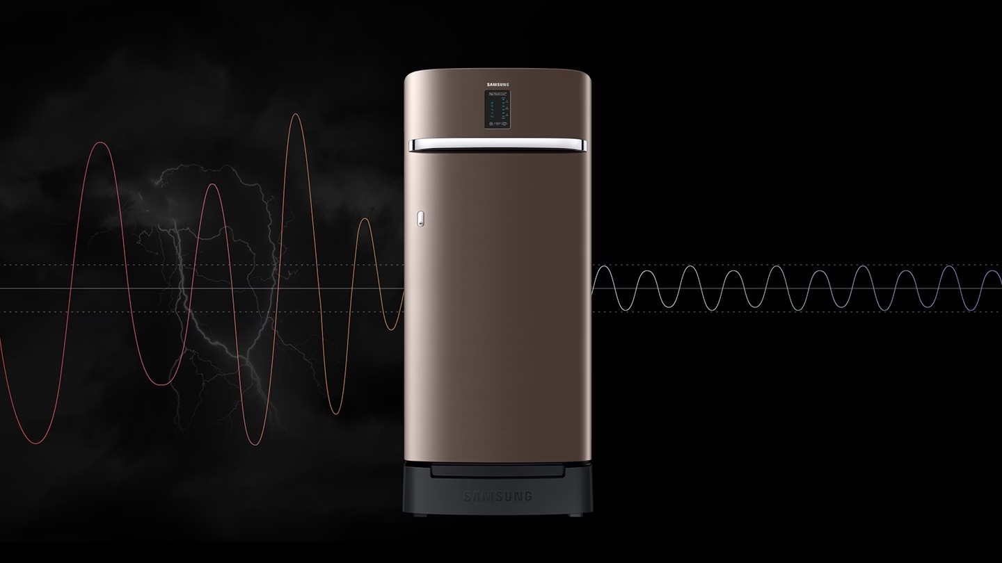 Voltage graph fluctuates significantly and then stabilizes with Samsung 189 Liters 5 Star Single Door Fridge (Orange Blossom Green, RR21C2E25NL) .