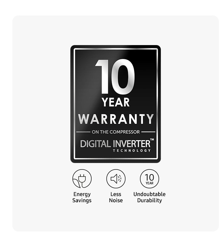 There is Samsung’s Digital Inverter Technology logo, indicating a 10-year warranty on the compressor, and icons on the bottom showing it cuts energy use and noise, and offers undoubtable durability.