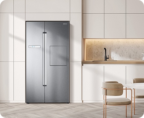 The fridge’s elegant design blends smoothly in the space, with a recessed handle, LED display, and choice of premium colors.