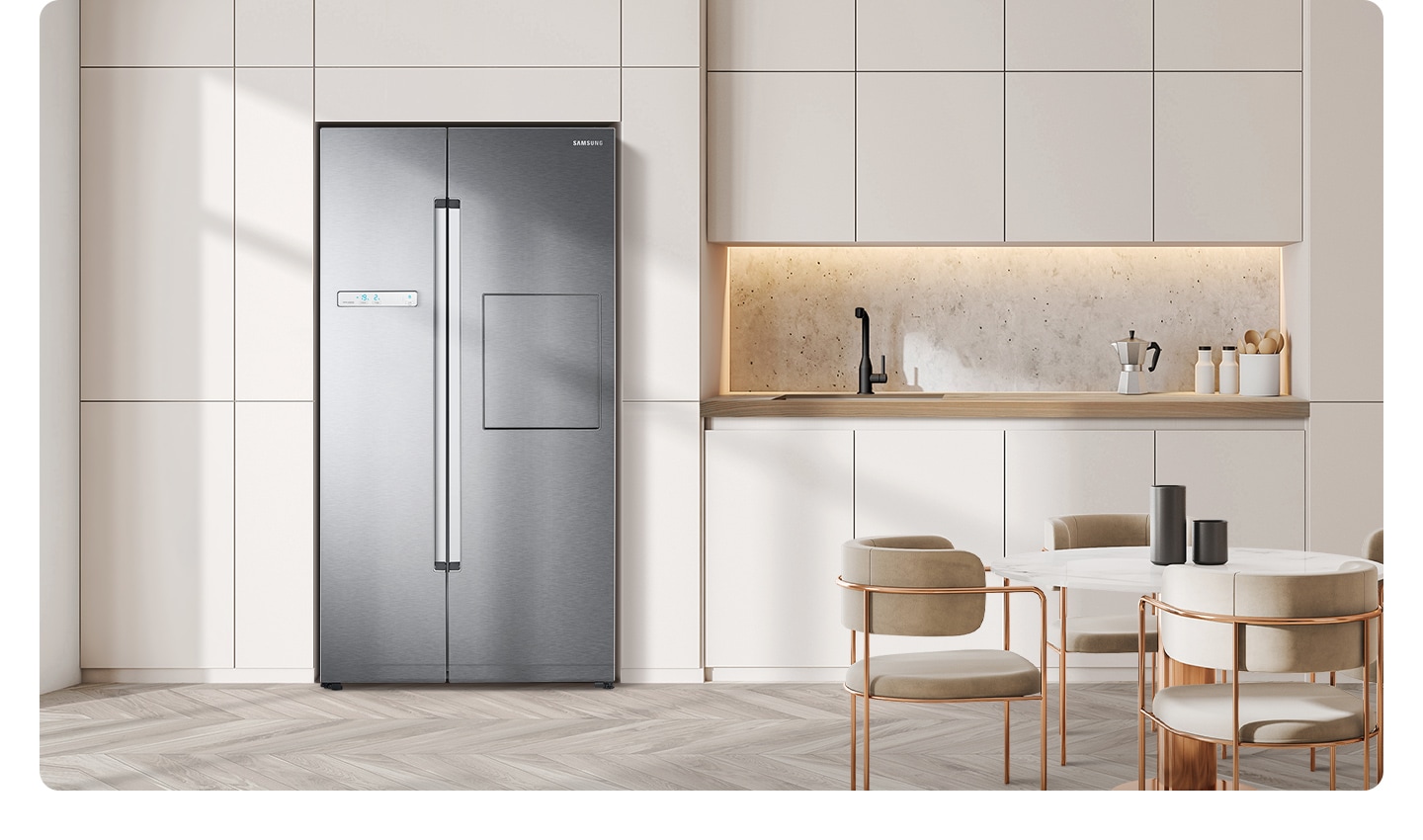 The fridge’s elegant design blends smoothly in the space, with a recessed handle, LED display, and choice of premium colors.