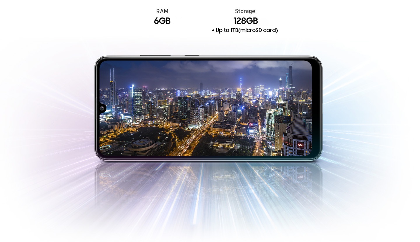 A32 shows night view of city, indicating device offers Octa-core processor, 4GB/6GB/8GB of RAM, 64GB/128GB of storage,up to 1TB Micro SD card.