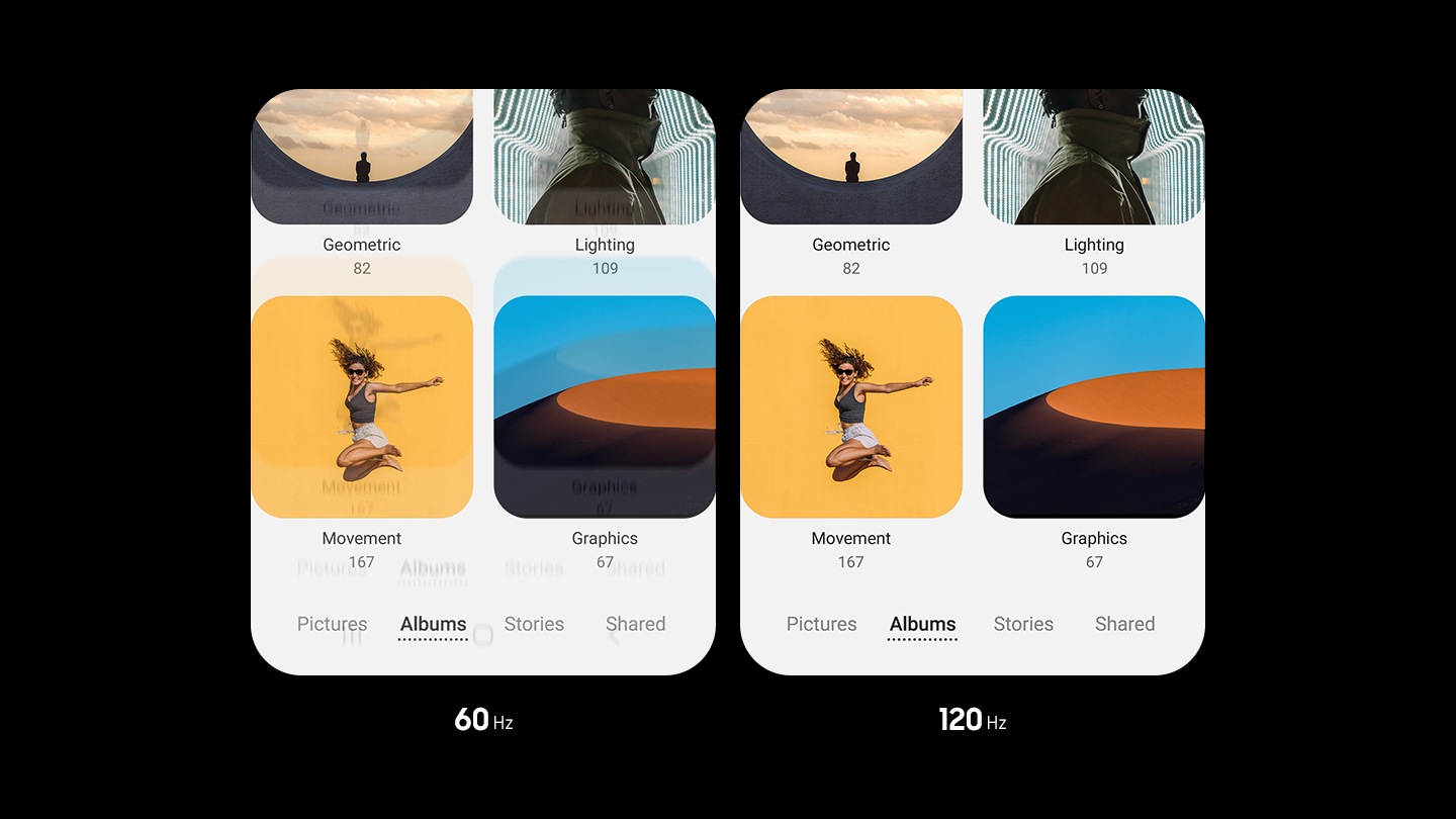 Side-by-side comparison of the smooth scroll difference between a display set to 60Hz and a display set to 120Hz.