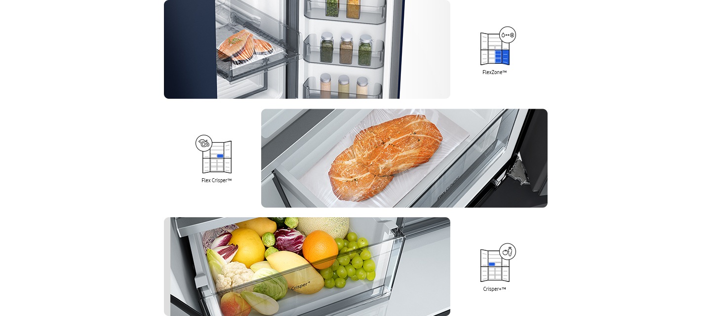 The Crisper+ drawer, in the upper left part of the fridge, is filled with different fruits, while Flex Crisper, in the upper right, is holding two seasoned steak. On the bottom right of the fridge is the Cool Select+, which has three pieces of salmon.