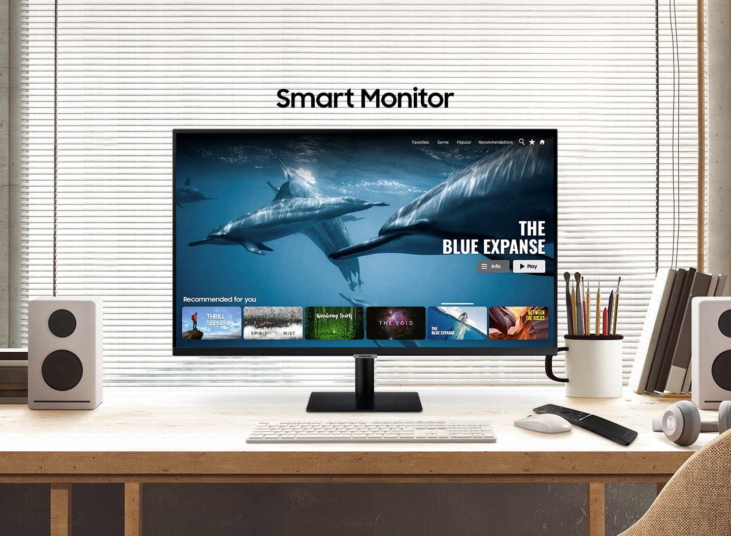 Below the title \One for all,\ a vertical line divides two different images of a monitor. The line slides right to reveal an office desk with powerpoint on the monitor and the words \Work Smart\, and slides left to reveal a home desk with a movie playing on the monitor and the words \Play Smart.\