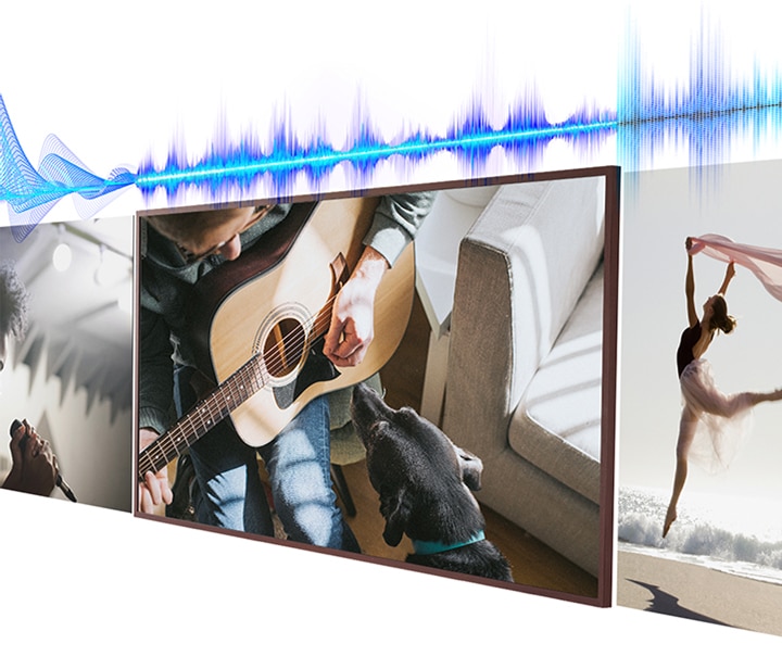 An audio properties graphic is seen above three content scenes including a singer singing, a man playing guitar and a ballerina dancing on the beach. Above each scene the audio properties graphic has a different appearance according to the type of scene.