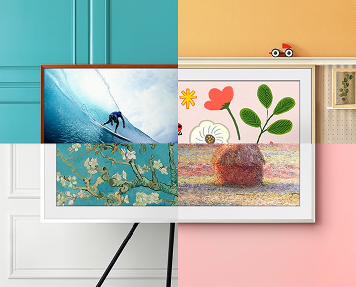 The Frame is divided into 4 cross sections. Each cross section is showing a different piece of artwork and highlighting one of various customizable features of The Frame including bezel color, bezel style, and studio stand accessory.