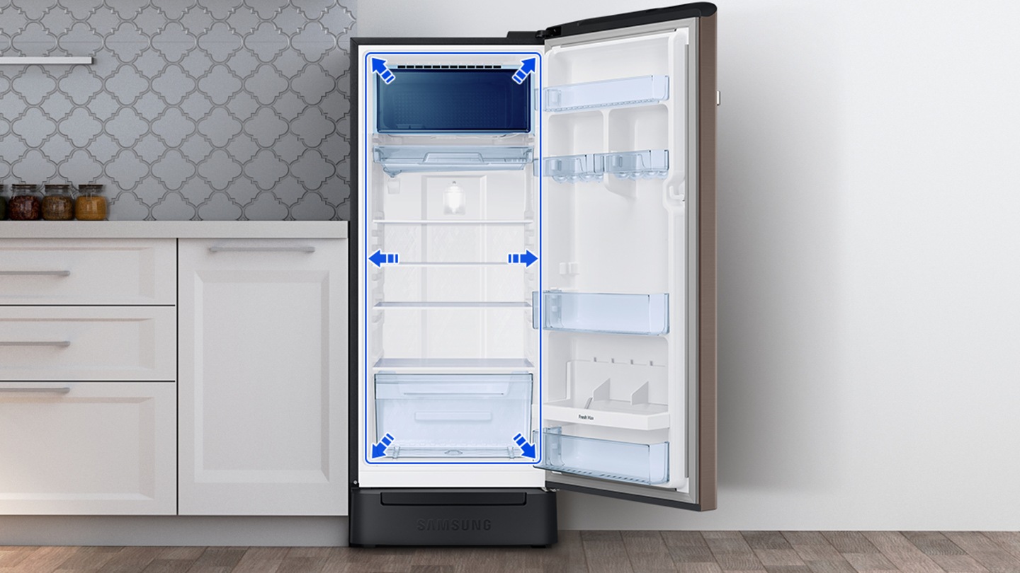 Blue arrow graphic indicates the internal space of the RR2000TH expanded 10L more than conventional products.
