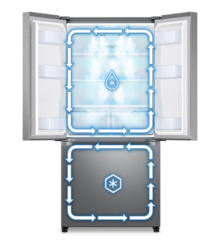 The RF5000A's twin cooling Plus™ systems, with refrigeration space at the top, and a freezing chamber at the bottom.