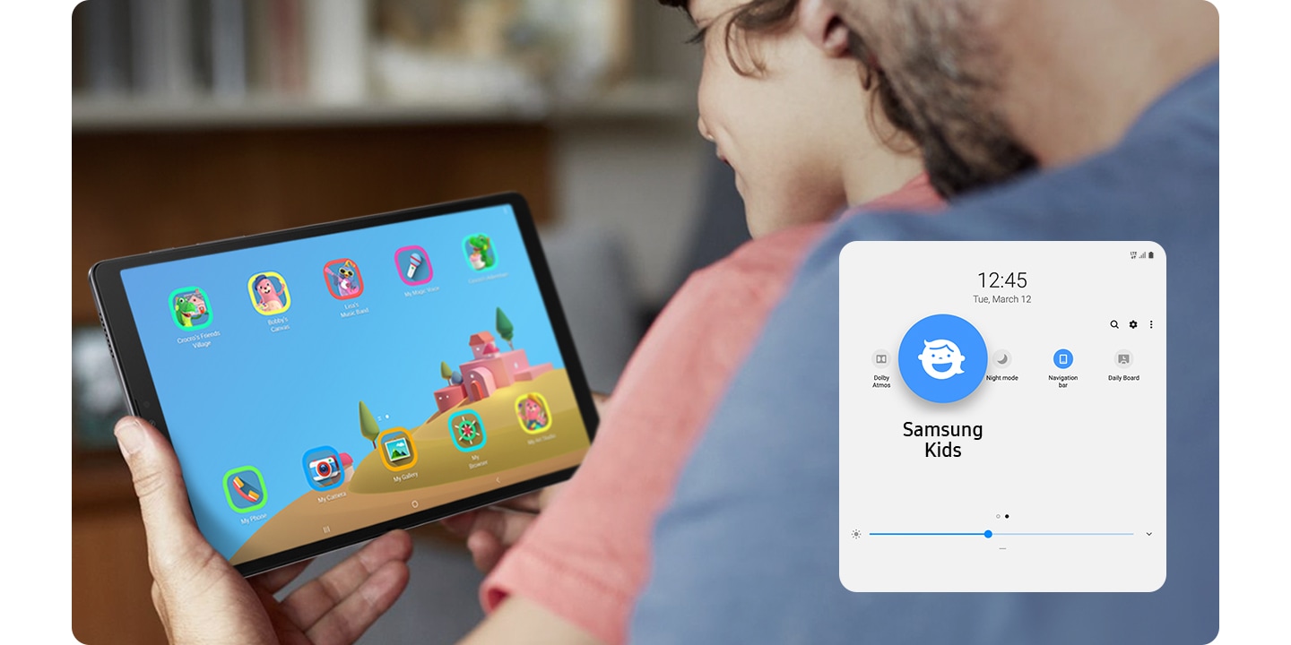 A young kid sits with parents, grinning at Samsung Galaxy tab A7. The parental usage control feature appears at the bottom.