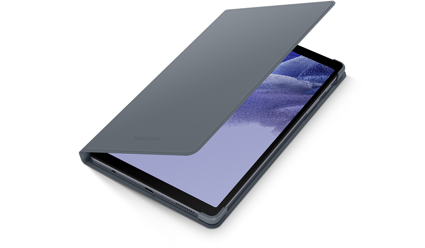 Galaxy Tab A7 Lite Book Cover opened halfway, showing on-screen of the tablet.