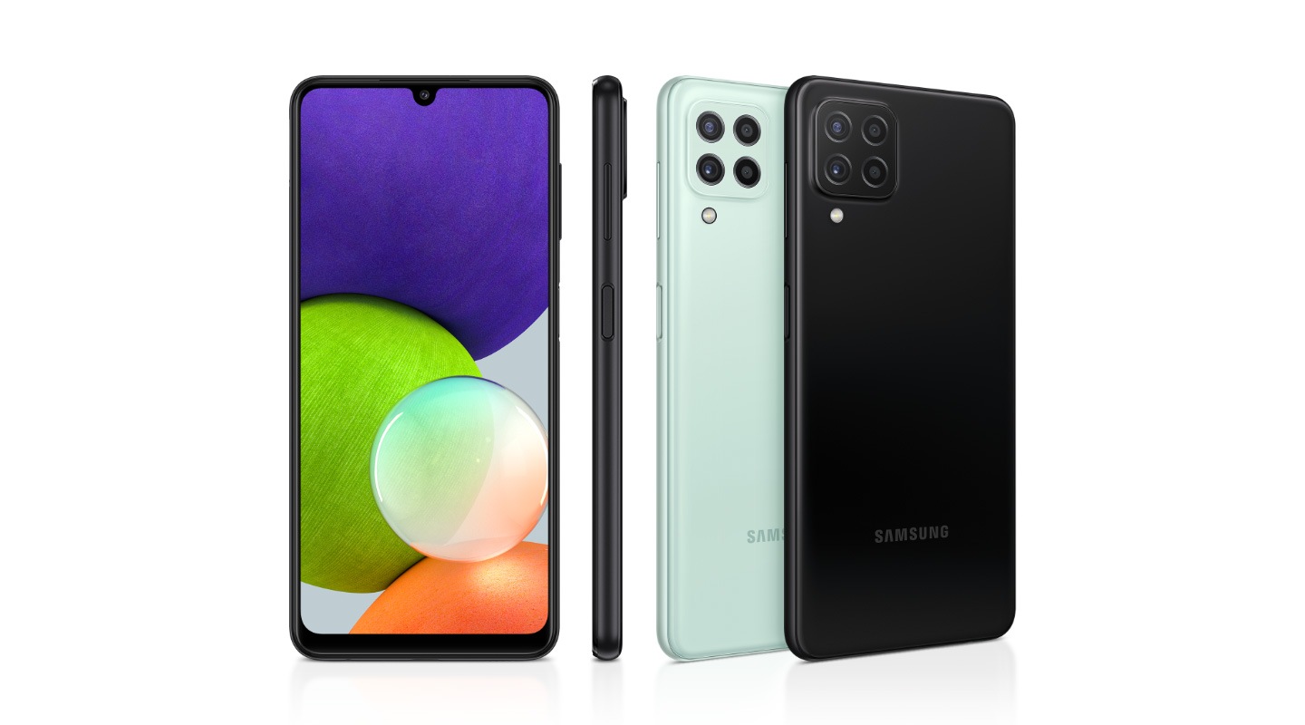 Il y a une vue arrière brillante de 4 smartphones en noir, blanc, menthe et violet, ainsi qu'une vue de profil et de face mettant en évidence la finition brillante premium.
