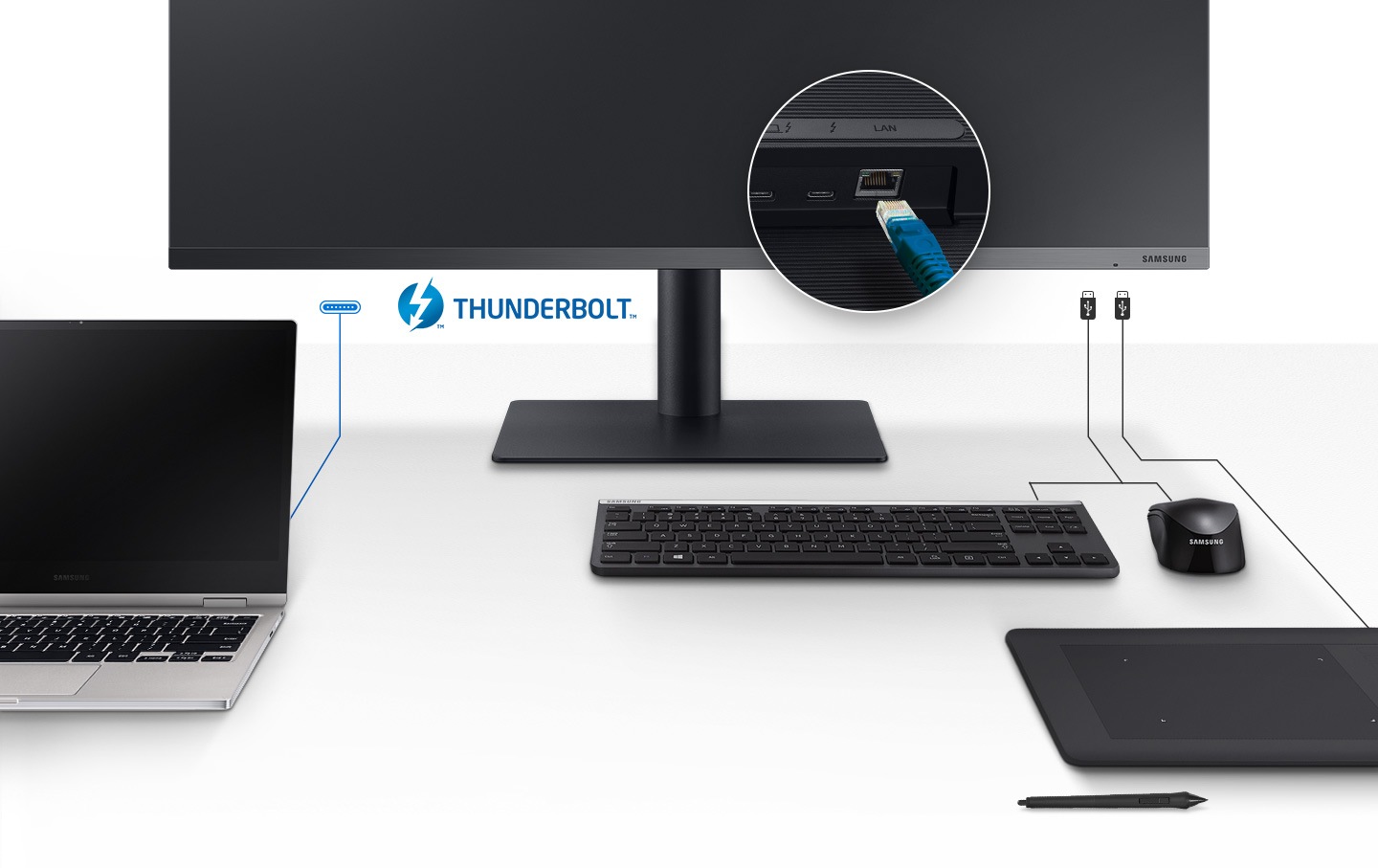 The product has various ports including thunderbolt for easy connection.
