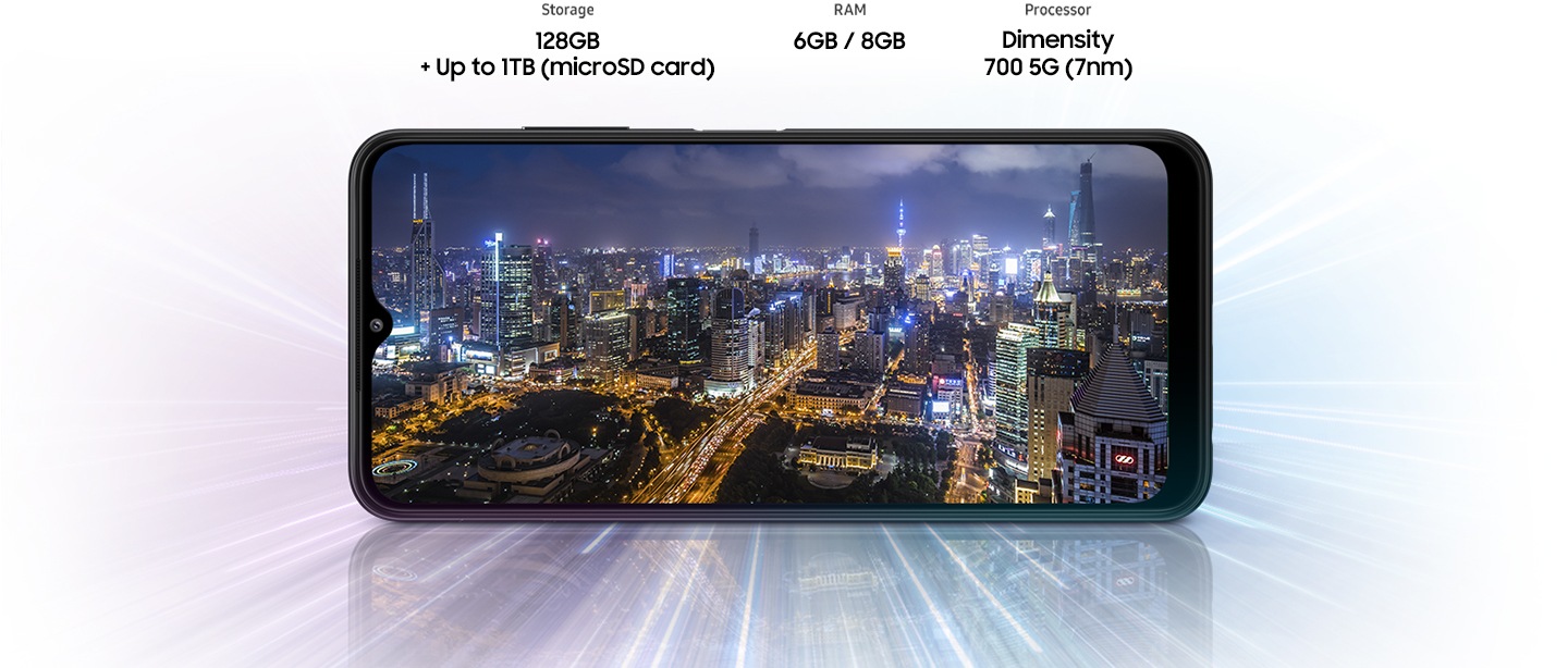 Galaxy A22 5G shows night city view, indicating device offers Octa-core processor, 4GB/6GB/8GB RAM, 64GB/128GB with up to 1TB-storage.
