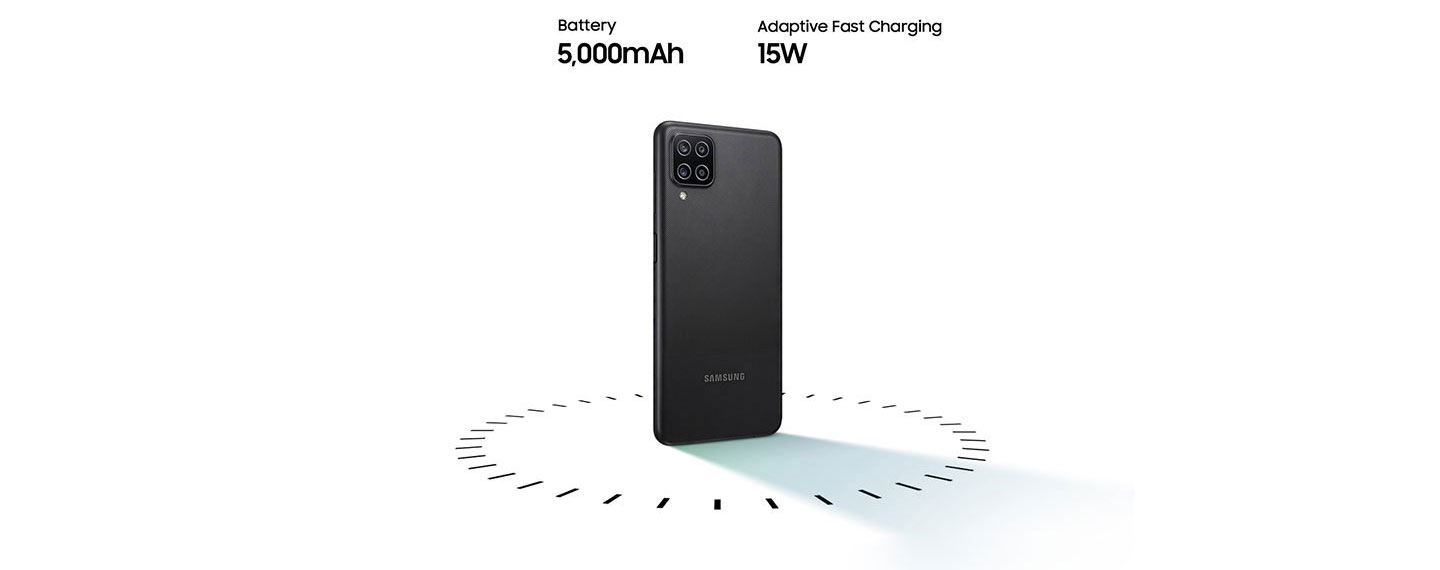 Galaxy A12 stands up, surrounded by circular dots, with the text of 5,000mAh Battery and 15W Adaptive Fast charging.