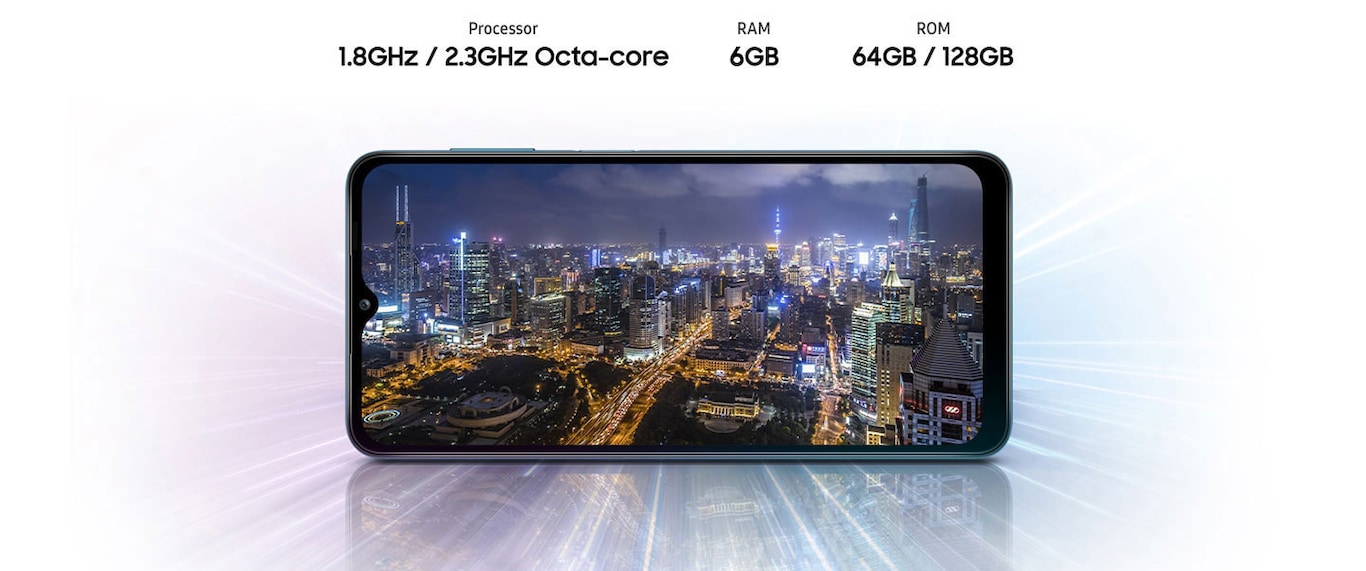 A12 shows night view of city, indicating device offers Octa-core processor, 3GB/4GB/6GB of RAM, 32GB/64GB/128GB of ROM