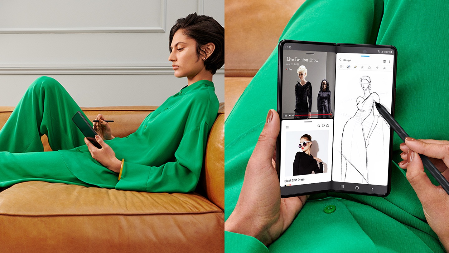 A woman sketching with S Pen Fold Edition on unfolded Galaxy Z Fold3 5G. The Main Screen shows multitasking with three apps.