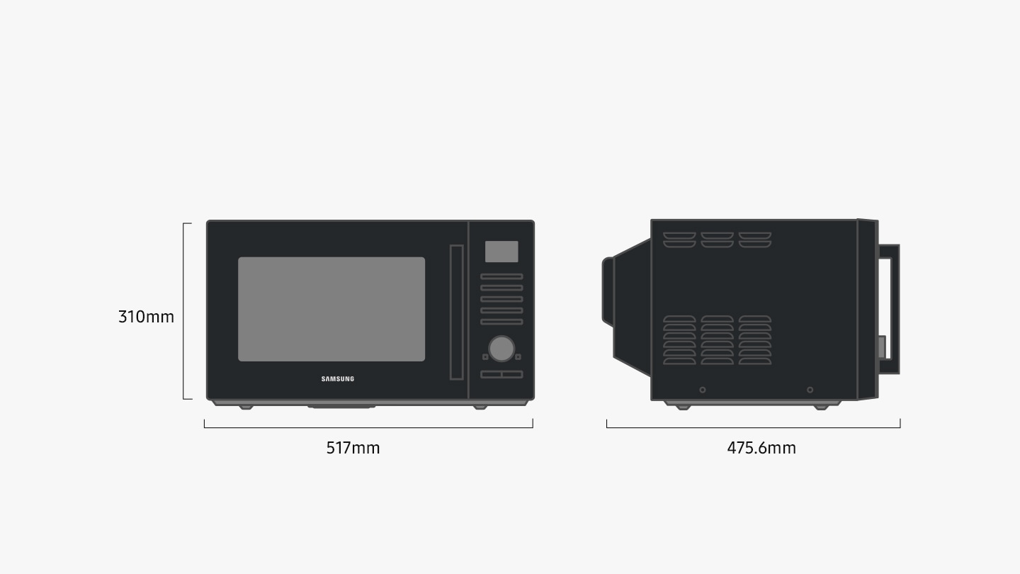 Shows the front and side of the microwave oven to illustrate how to measure its dimensions. A line labelled †310mm' shows its height, a line labelled †517mm' shows its width and a line labelled 475.6mm shows its depth.