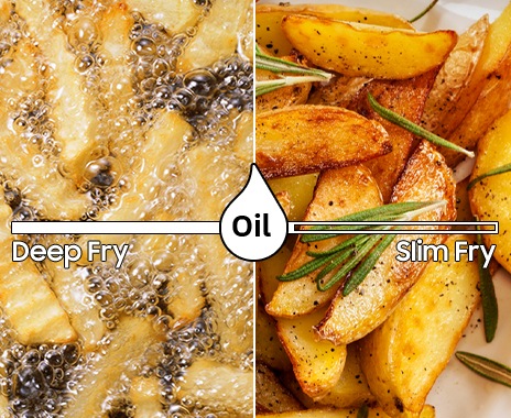 Shows potato slices being deep fried in lots of oil, next to potato slices being fried with very little oil using Slim Fry™.