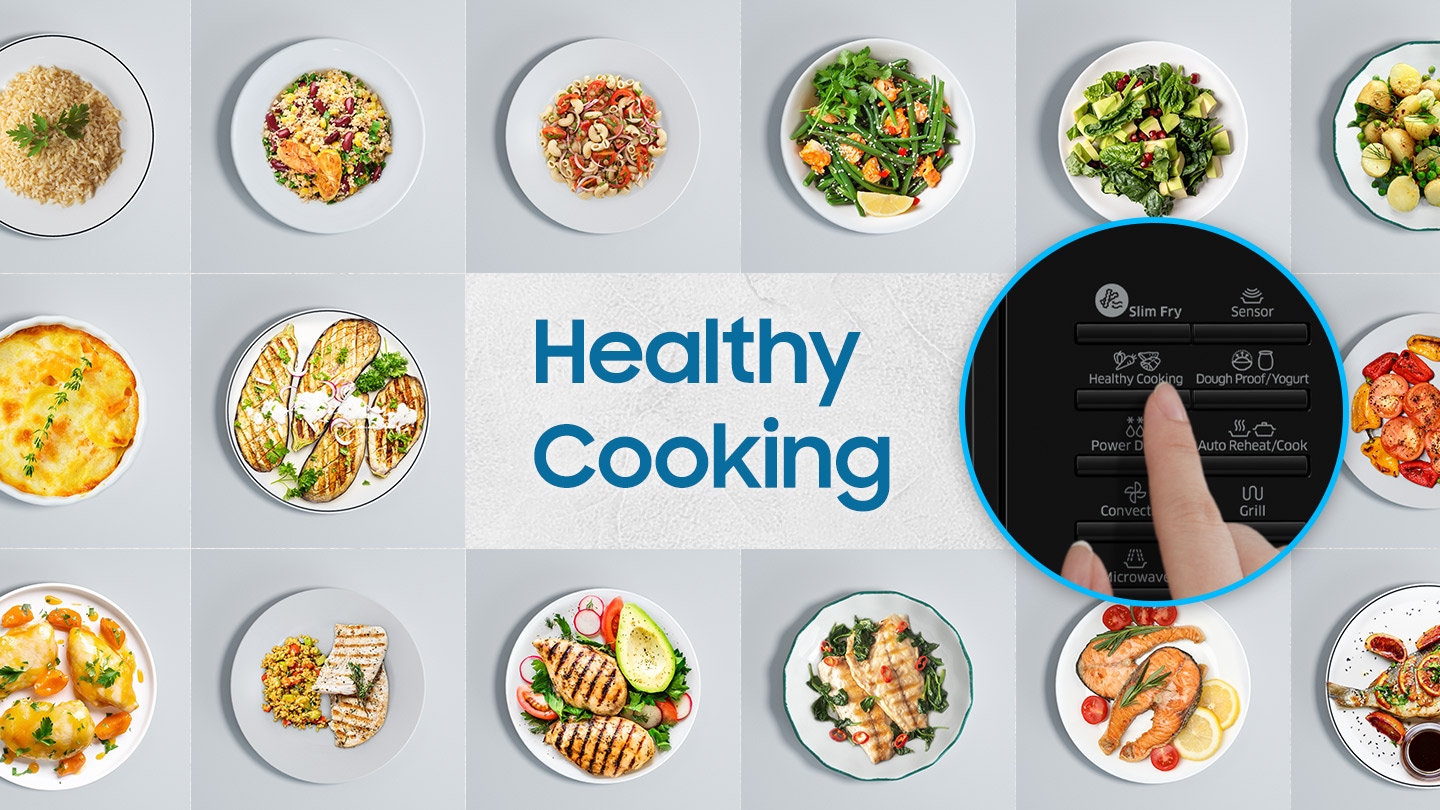 shows a close-up of someone pressing the healthy cooking button on the microwave oven's control panel. it is surrounded by various healthily cooked foods, like salmon steaks, boneless chicken, pasta dishes and vegetables, such as egg plant/brinjal, green beans, peppers and potatoes.