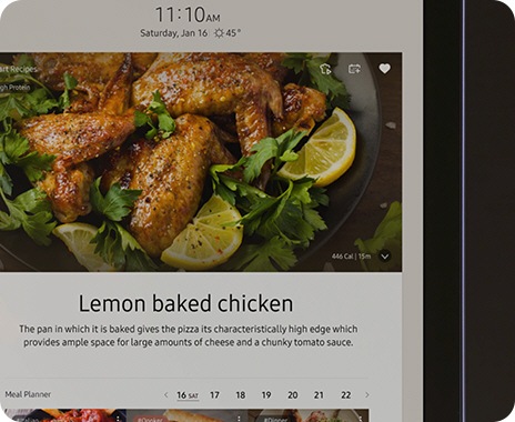 The Family Hub screen has a recipe for Lemon baked chicken, with the date, time, and weather. Below is the Meal Planner app.
