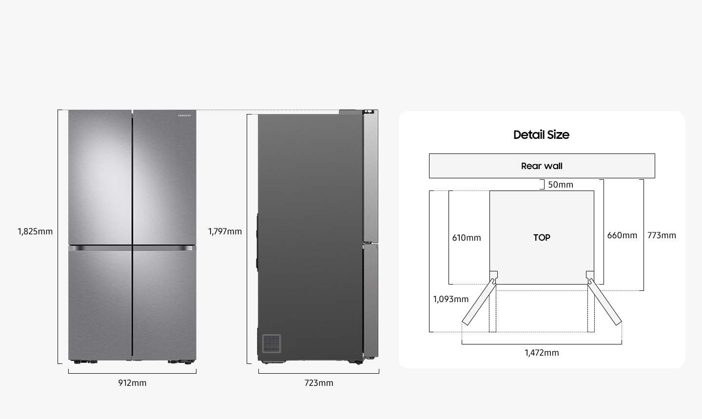 Size measurements: Height 1,825mm, width 912mm, height without hinge 1,797mm, depth 723mm, depth with doors open at a right angle 1,093mm, depth without doors 610mm, install depth 773mm, install depth without doors 660mm, width with doors open 1,472mm, distance from the rear wall 50mm.
