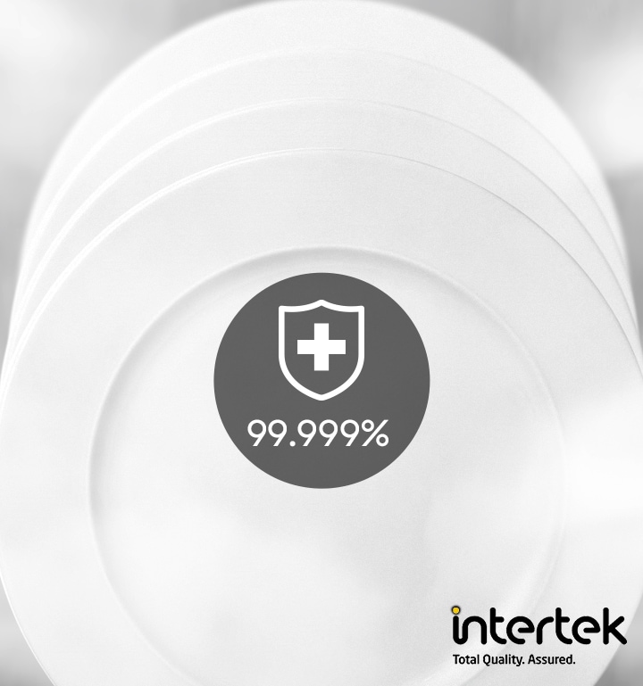 Shows a rack full of plates that have 99.999% less bacteria, based on testing by Intertek.