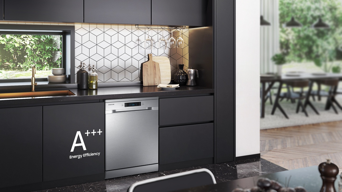Shows the dishwasher with a high energy efficiency rating of A+++.