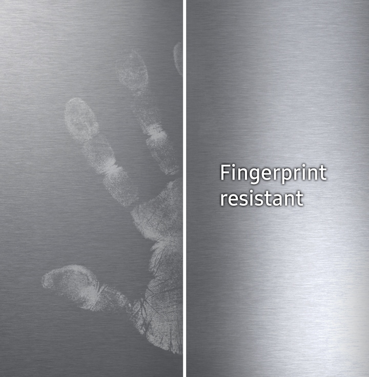 Shows how the surface of the dishwasher stays free of fingerprints and smudges compared to a normal dishwasher.