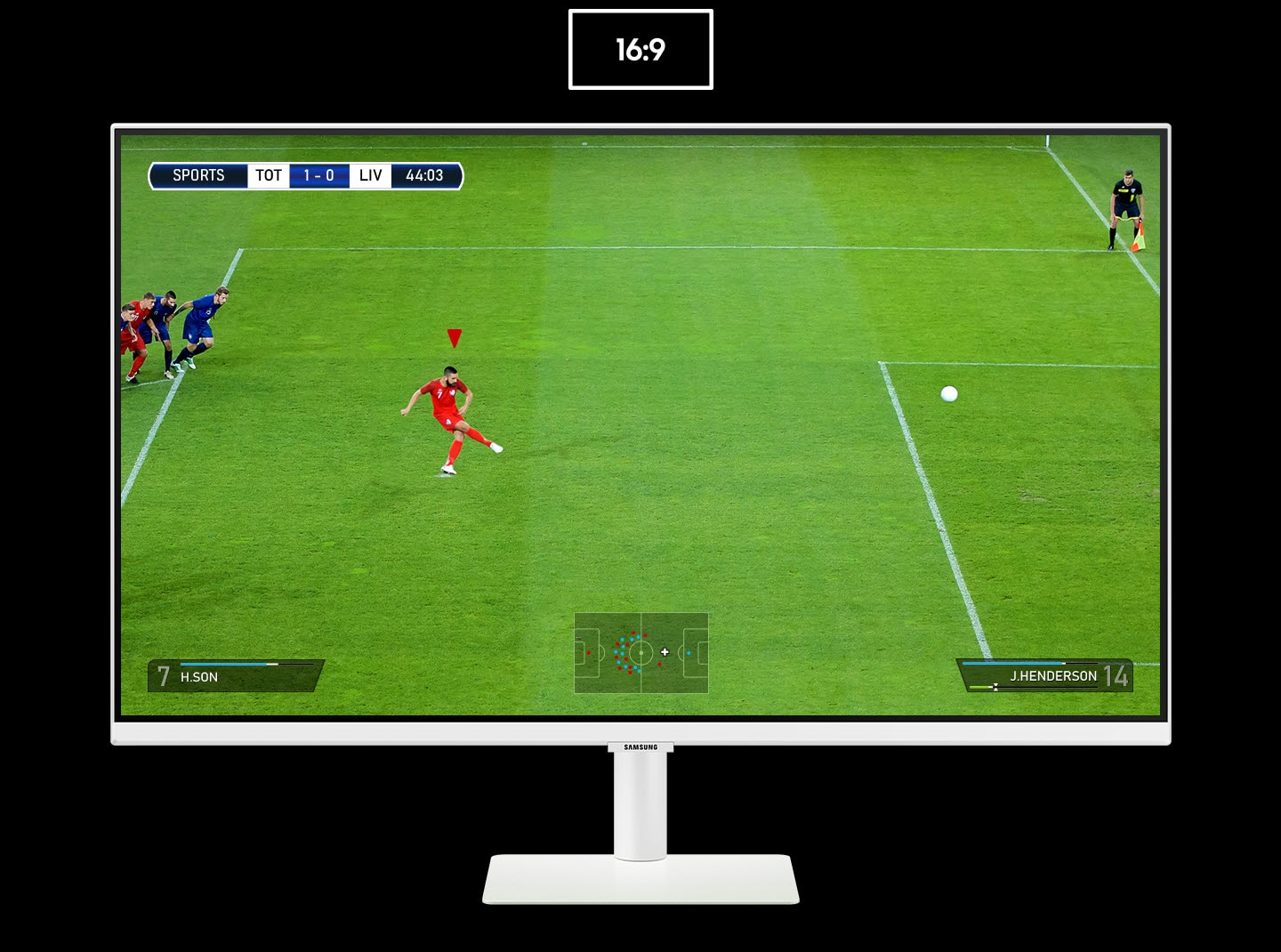 The monitor shows a photo of a penalty kick in a soccer match. As the 16:9 ratio display transforms to 21:9, the goalkeeper on the right and other players behind the kicker on the left are revealed. The additional view on each side highlighted by dotted lines.