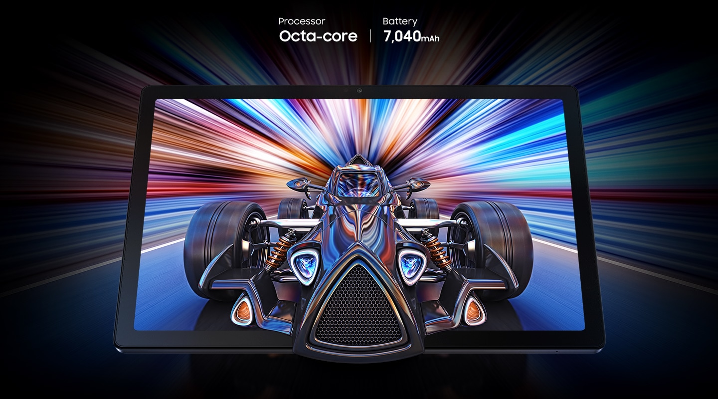 A racecar going at full speed is about to break out of Galaxy Tab A8 screen. Bright multicolor rays emanate from the rear end.