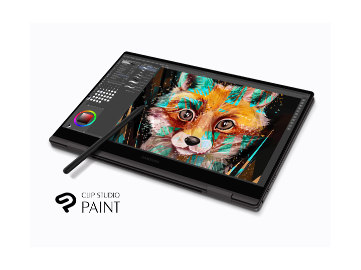 A Galaxy Book2 Pro 360 is folded like a tablet with the Clip Studio Paint open. There is a colorful drawing of a fox’s face. An S Pen is placed on the bottom left part of the screen and underneath it is Clip Studio Paint logo.